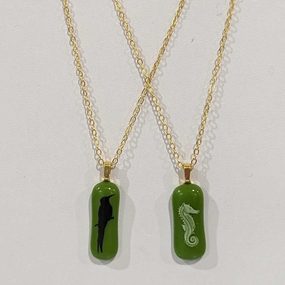Artisan Handmade glass bird or seahorse necklace with gold plated 18" chain.
